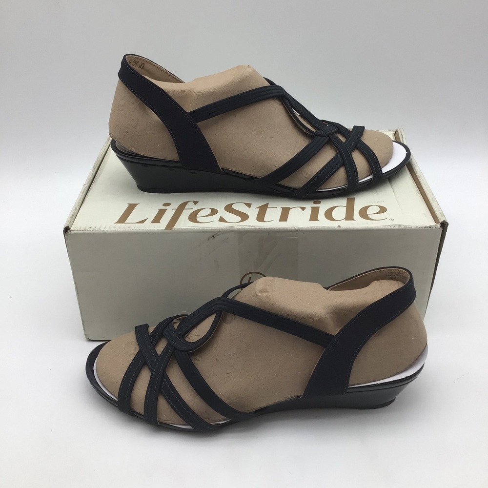 LifeStride Yaya Womens Navy Blue Strappy‎ Wedge Sandals Wide Width Size 9.5W NEW
